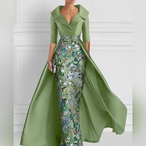 NWT Sage Green Floral 3/4 Sleeve Beaded/Embroidered Overskirt MoB Dress